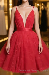 Red v neck tulle lace short Semi Formal Prom dress,Mini homecoming dress cocktail dress